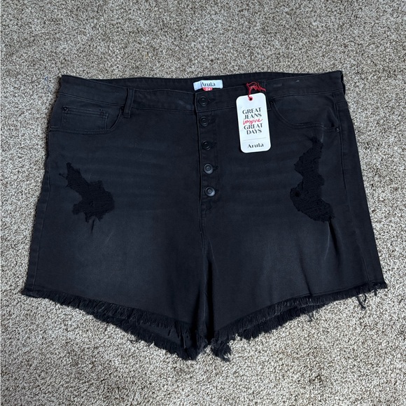 Arula NWT Denim Distressed Black Button Front High Waist Shorts Plus Size 24 - Picture 1 of 6